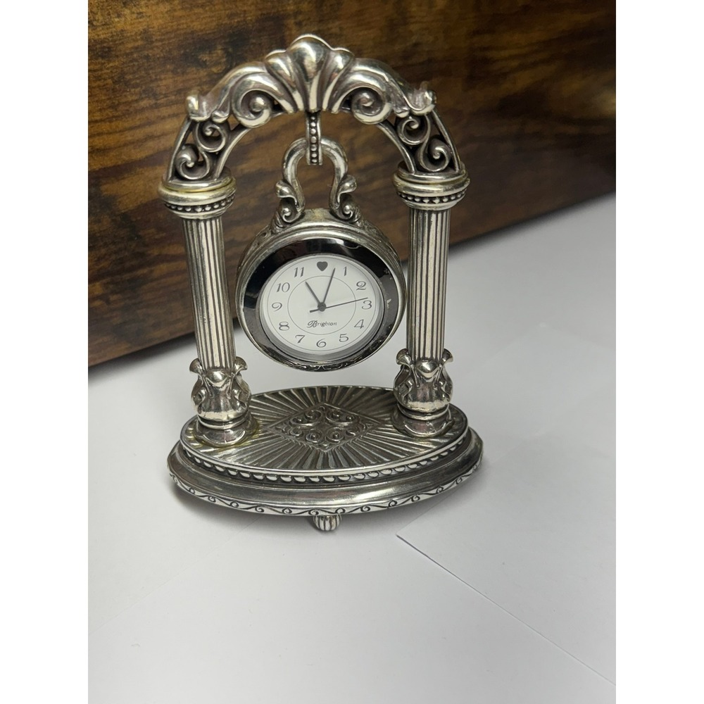 Brighton Silver Plated Ornate Column Hanging Desk Clock Heart Detail